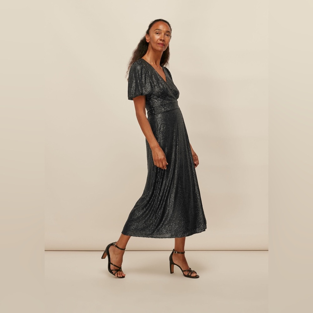 Whistles Black Sequin Wrap Midi Dress